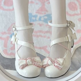White and Pink Bow at Top 3cm Heel Sweet Round Toe Mary Janes