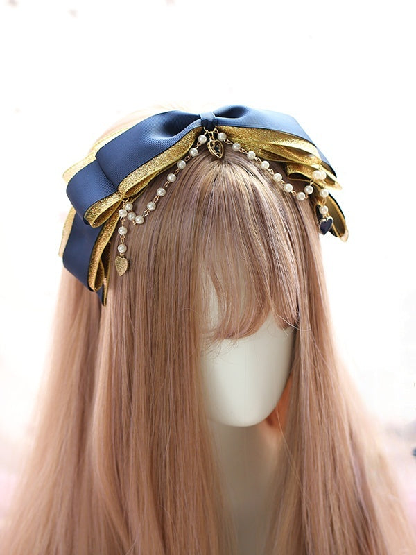 Gorgeous Lolita Dark Blue and Gold Multi - Layered Bowknot KC with Bead Chain and Heart Charm