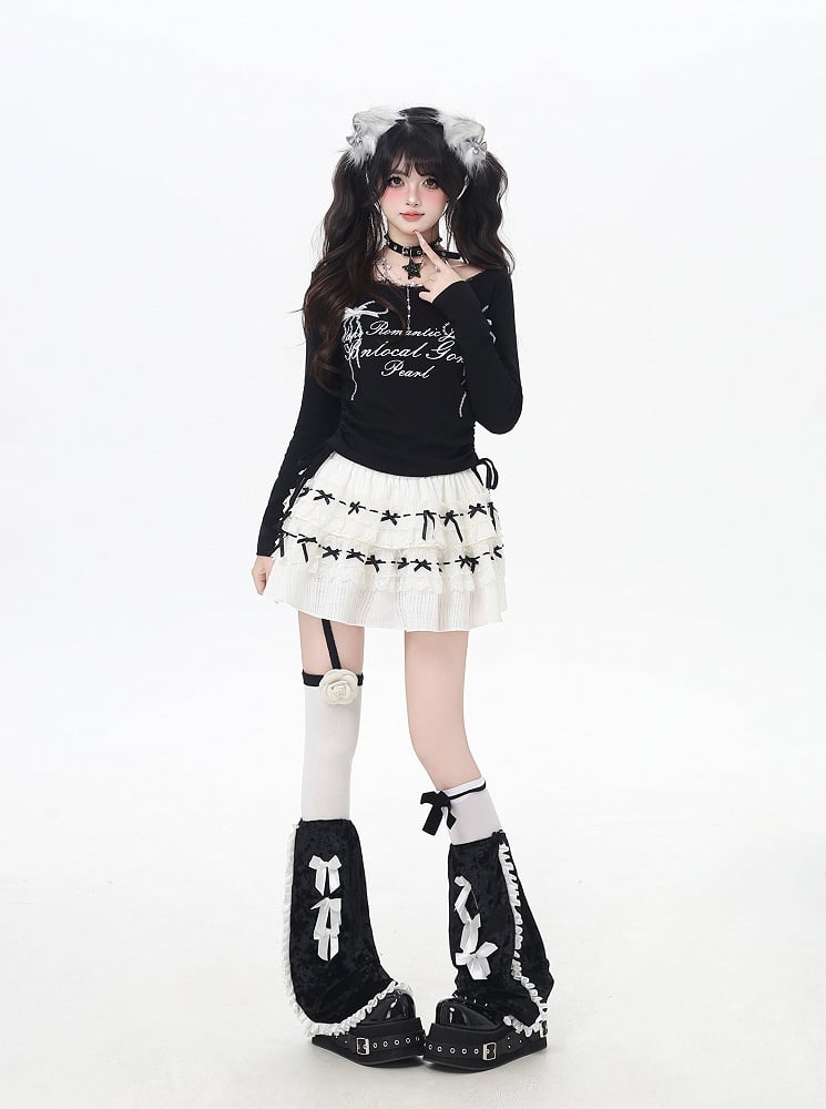 Sweet Bowknot Print Lace Trim Drawstring Waist White/Black Top