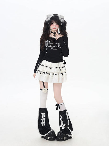 Sweet Bowknot Print Lace Trim Drawstring Waist White/Black Top