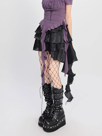 Black Elastic Waist Cascading Ruffles Tiered Mesh Skirt