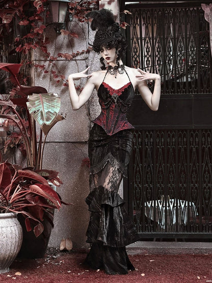 Victorian Goth Vampire Mermaid Skirt with Layered Flounce Hem and Black Pearl Tassels