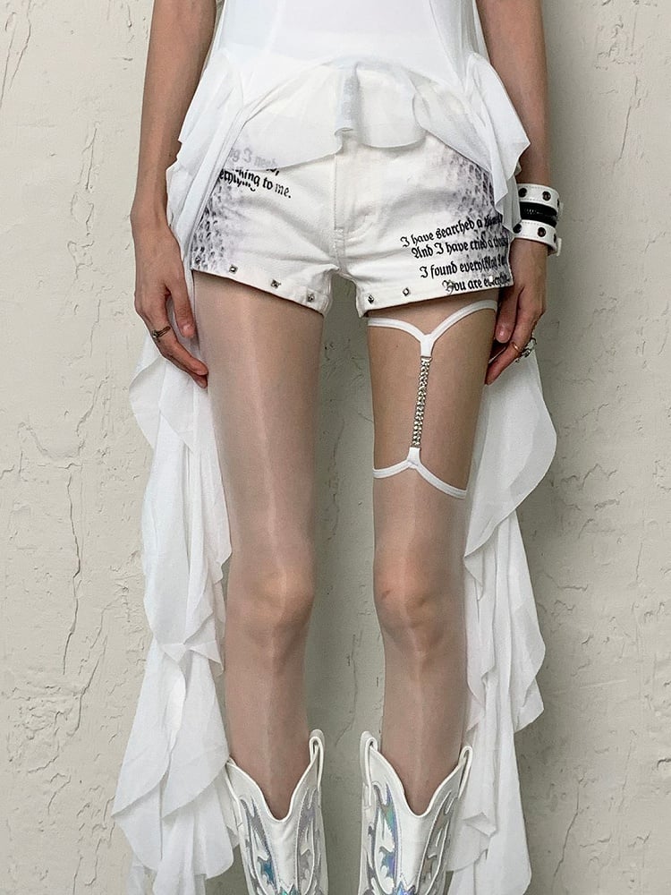 White/Gray/Black/Nude Y2K Suspender Tights With Leg Chain