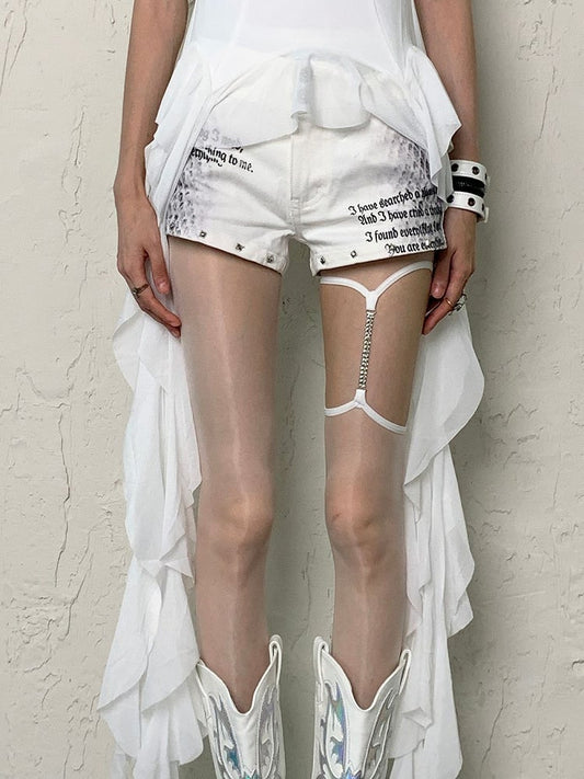 White/Gray/Black/Nude Y2K Suspender Tights With Leg Chain
