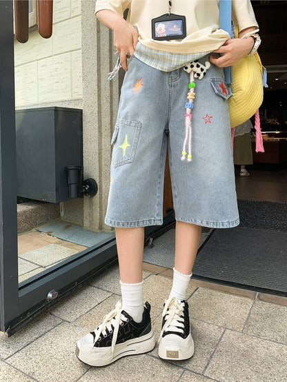 Colorful Star Print Blue Faded Wash Distressed Wide-leg Denim Shorts