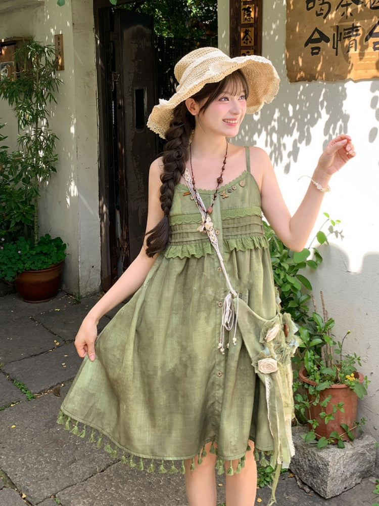 Green Tassel Hem Buttons Embellished Neckline Mori Kei Cami Dress