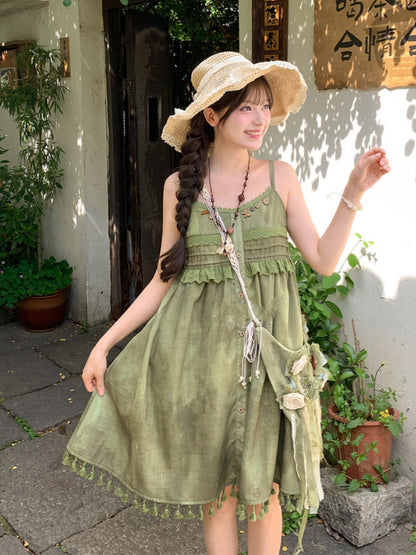 Green Tassel Hem Buttons Embellished Neckline Mori Kei Cami Dress