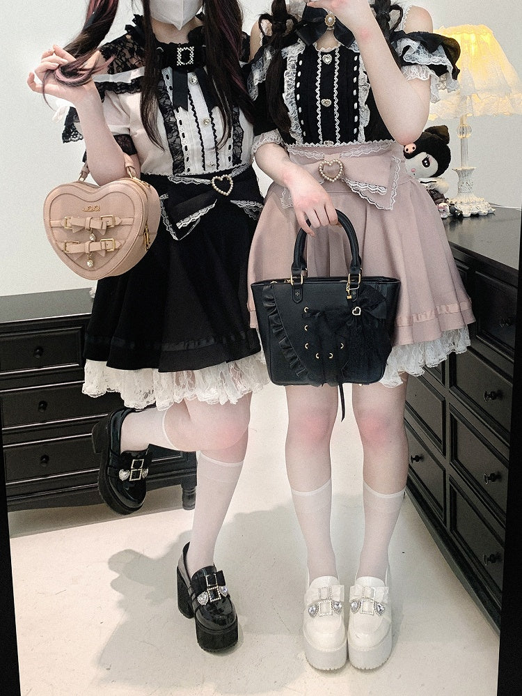 Jirai Kei Lace Trim Beaded Heart Decorated Big Bow Lace-up Back Black/Light Blue Skirt