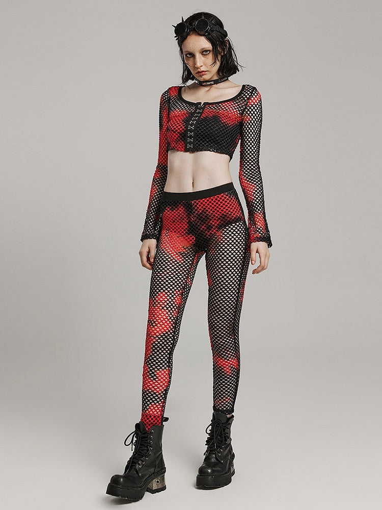 Black and Red Punk Tie-dyed Mesh Leggings