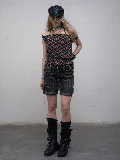 Black Wasteland Punk Studs Decorated Buckle Details Faded Wash Shorts