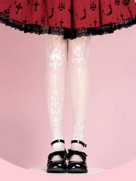 Gothic Lolita Black/White Cross Print Tights