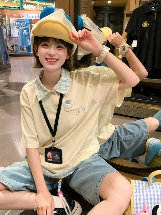 Blue Plaid Collar and Hem Puppy Embroidery Apricot Loose T-shirt