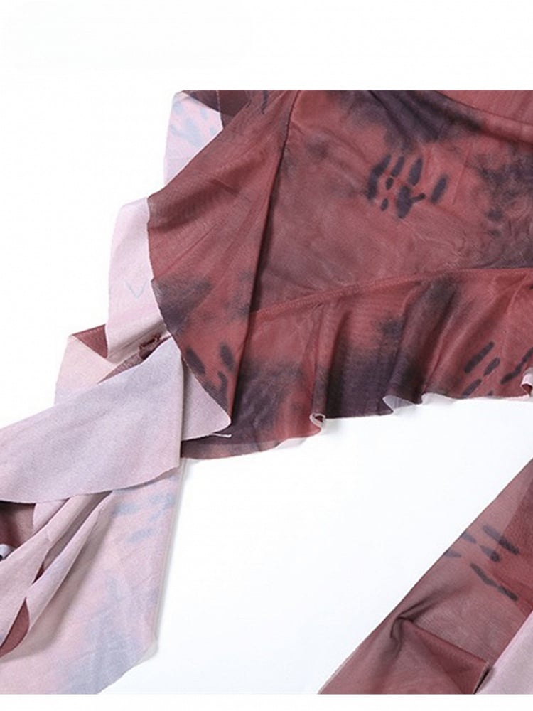 Wine Red Tie Dye Design Cascading Ruffle Accents Asymmetrical Hem Cami Top