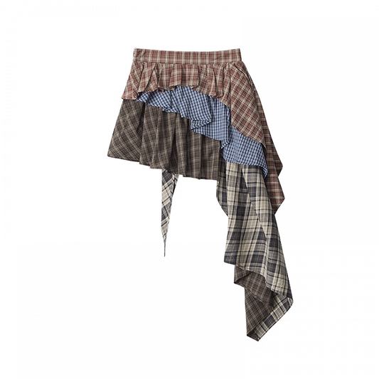 Red Plaid Asymmetrical Hem Vintage Tiered Skirt