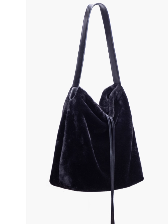Luxurious Black Plush Shoulder Tote With Drawstring Closure