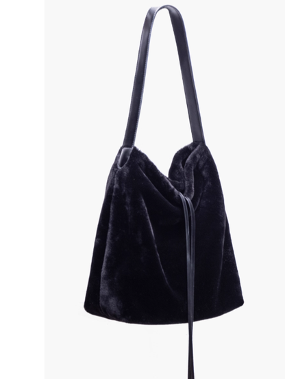 Luxurious Black Plush Shoulder Tote With Drawstring Closure