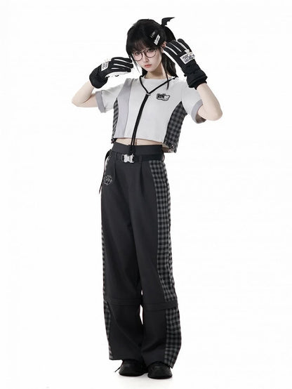 Clearance-Size M for Waist 66CM Black Plaid Zip Cuffs Techwear Two Ways Wear Pants/Shorts with Snap Belt