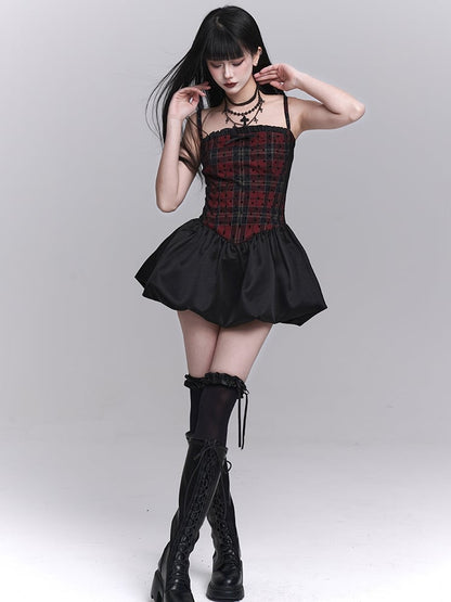Red Plaid Basque Waist Mini Bubble Skirt Cami Dress