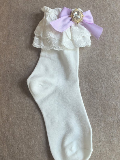 White Ruffled Cuff Jirai Kei Calf Socks With Pink/Blue/Purple/White/Black/Beige Bowknot Details