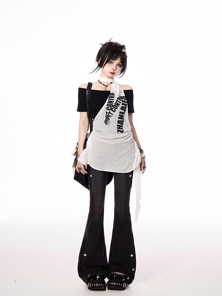 Y2K Black and White Letter Print Two-pieces Halter T-shirt