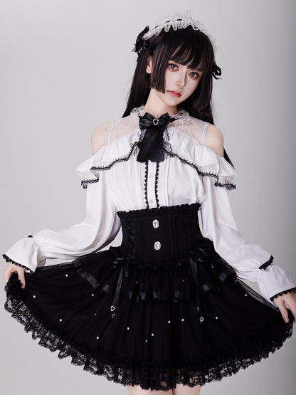 Allover Bead Black High Waist Jirai Kei Skirt with Lace Up and Shirring Waist