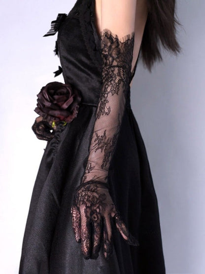 Black/White Hollow-out Design Lace Gloves