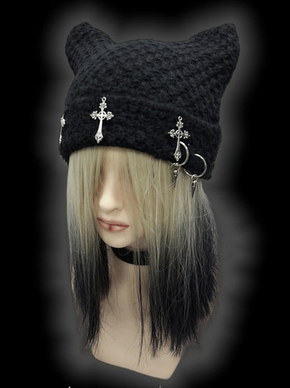 Y2K Black Cross Charms Studs Design Punk Cat Ears Beanie