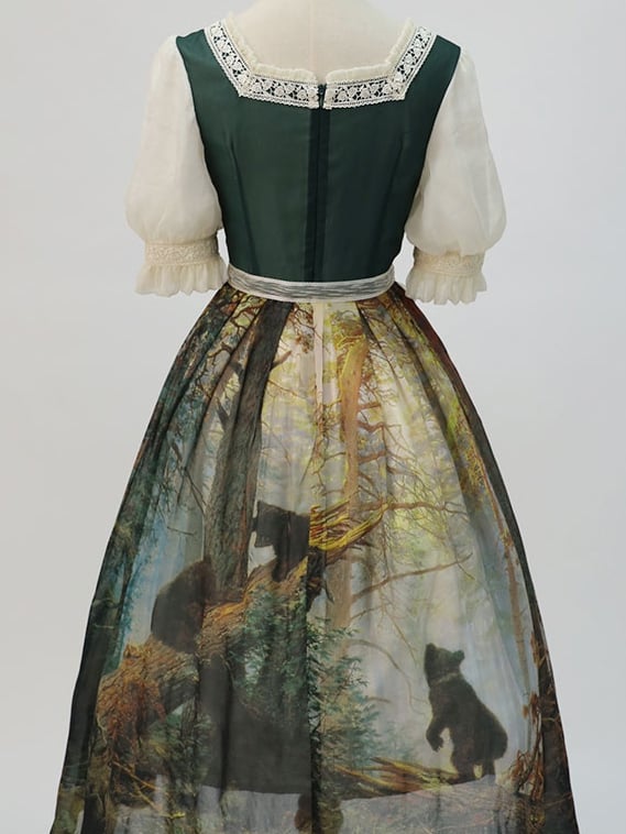 Dark Green Square Neckline Forest Print Elegant Classic Lolita Dress with Bow Detail