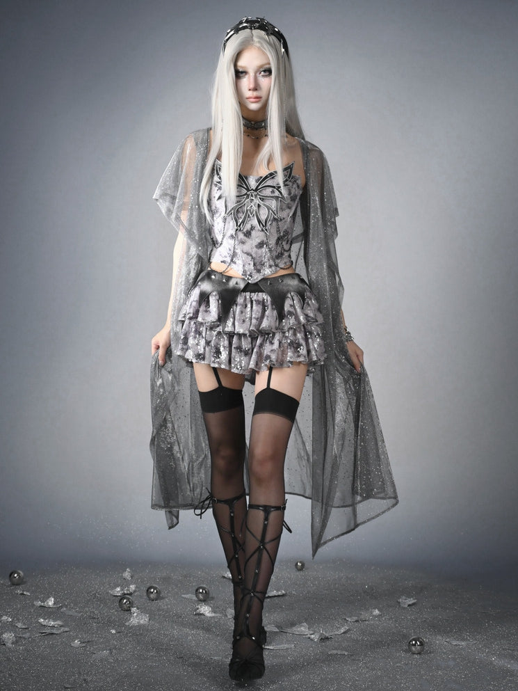 Y3K Fashion Futuristic Silver Gray Low Waist Bat Wing Detail Waistband Sequins Tiered Cyberpunk Skirt