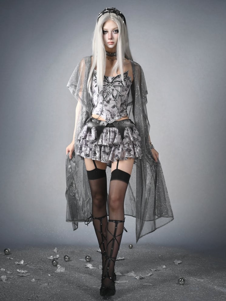 Y3K Fashion Futuristic Silver Cyberpunk  Sequin Detail Hooded Cloak