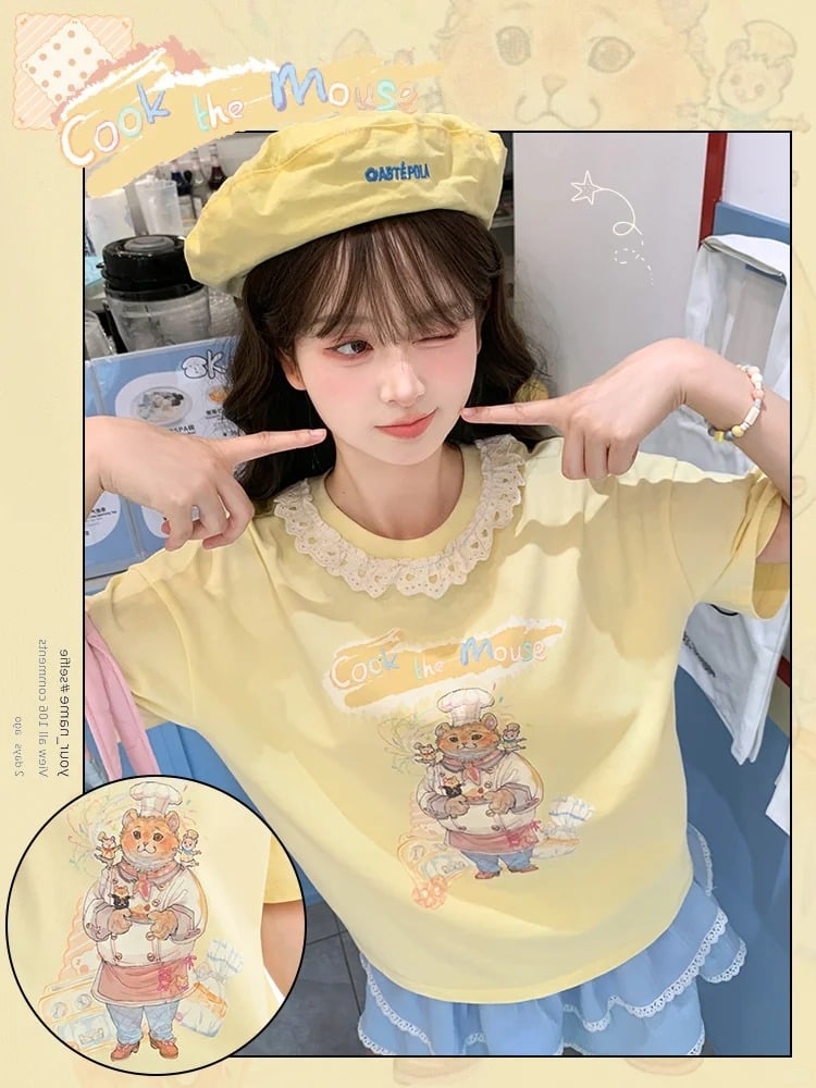 Chef Mouse Print Lace Trim Neckline Yellow Round Neck Loose Cotton T-shirt