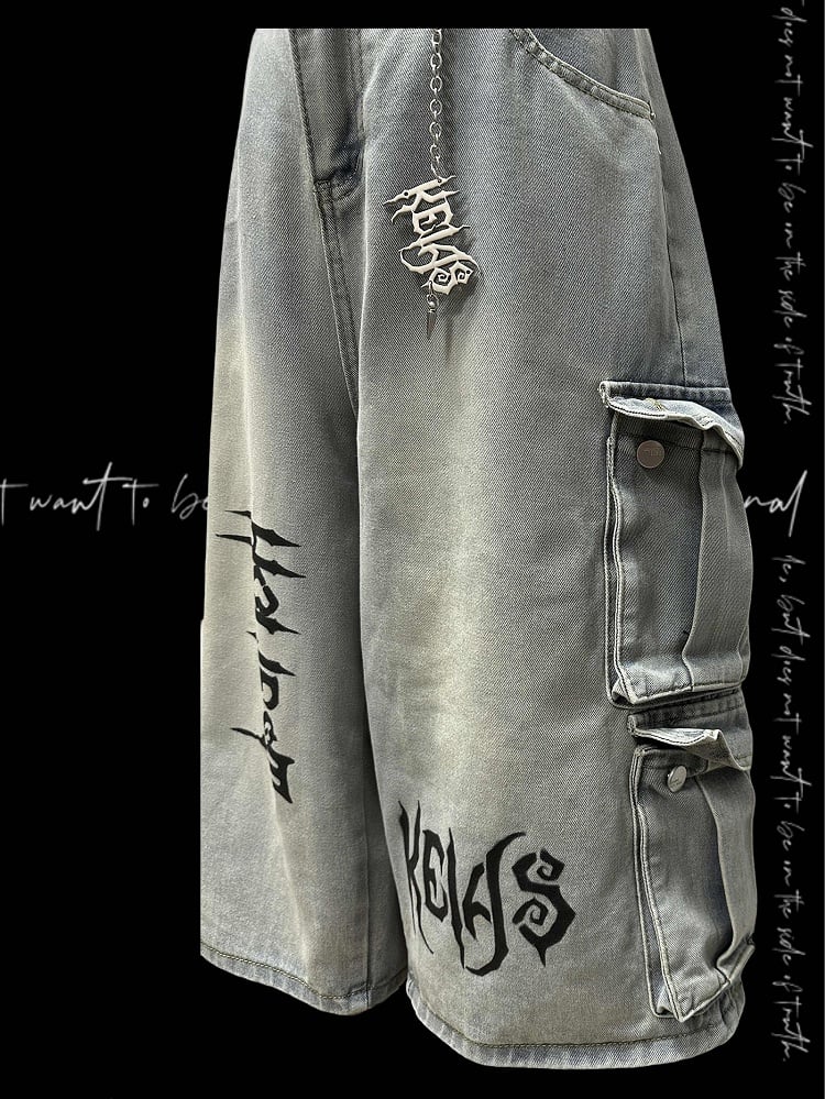 Light Blue Punk Rock Wide-leg Cargo Jeans with Free Charm