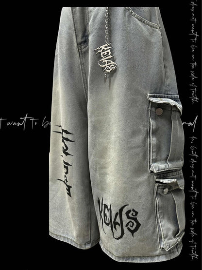 Light Blue Punk Rock Wide-leg Cargo Jeans with Free Charm