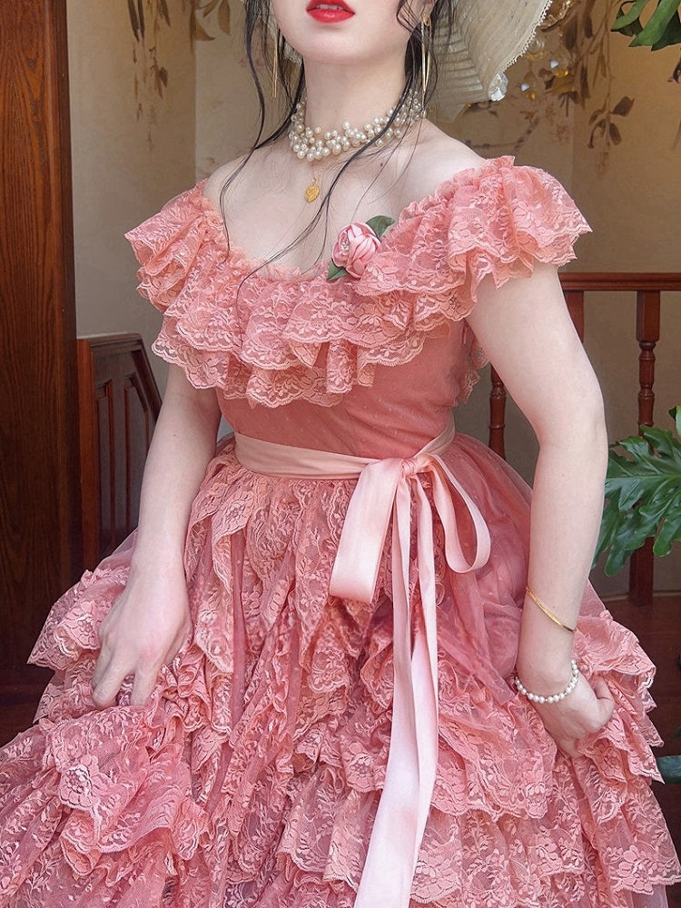 Wine Red/Pink Vintage Lace Ruffle Trim Off-the-shoulder Neckline Dress