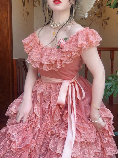 Wine Red/Pink Vintage Lace Ruffle Trim Off-the-shoulder Neckline Dress