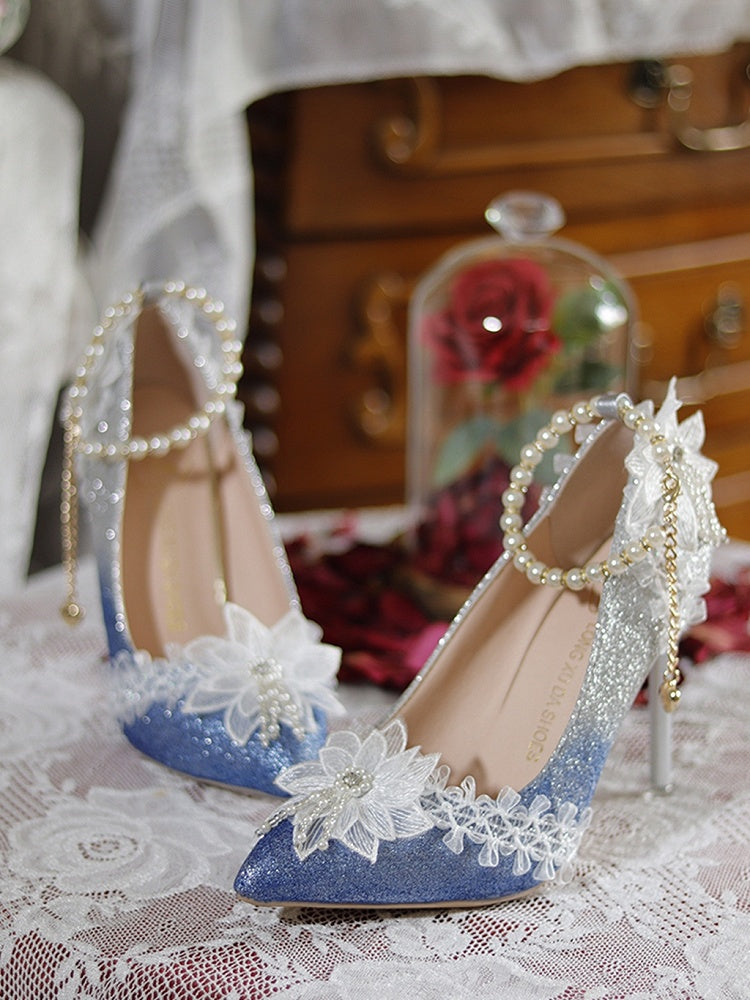 Dark Blue Glittering Floral Detachable Beaded Chain 7CM/9CM Hime Lolita High Heels