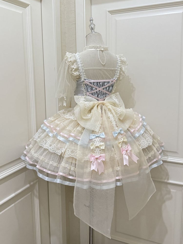 Blue Corset Waist Layered Tulle Skirt Princess Lolita JSK with Big Bow at Back