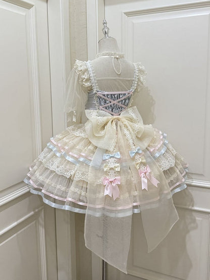 Blue Corset Waist Layered Tulle Skirt Princess Lolita JSK with Big Bow at Back