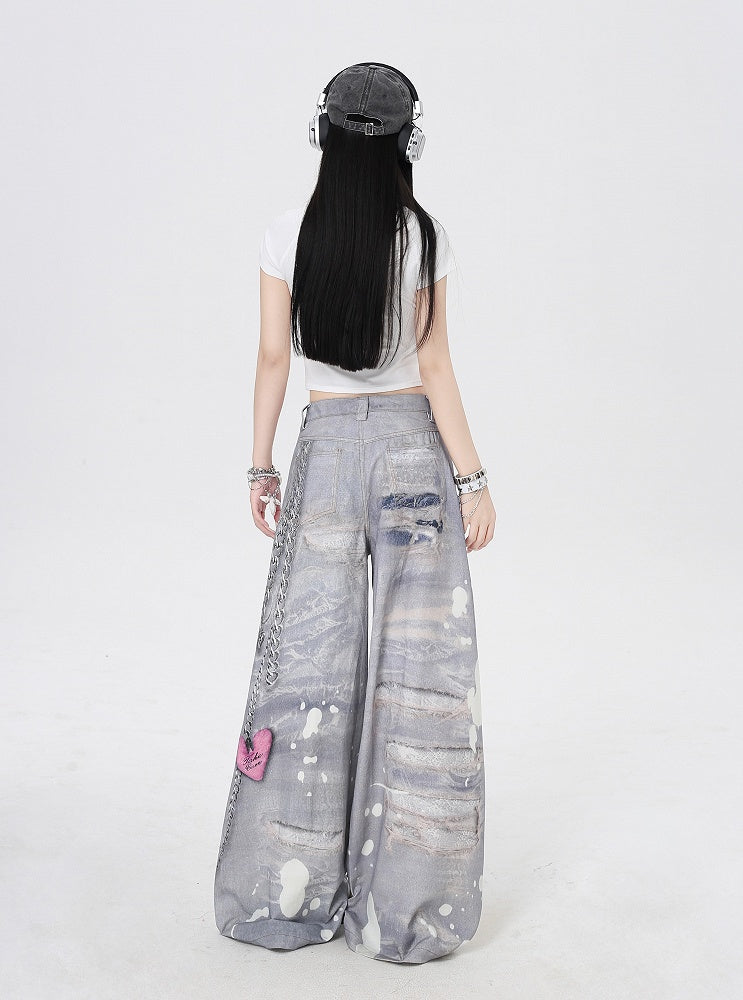 Grey Low Waist Distressed Holes and Chains 3D Print Wide-Leg Casual Pants