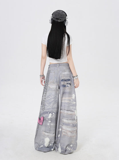 Grey Low Waist Distressed Holes and Chains 3D Print Wide-Leg Casual Pants