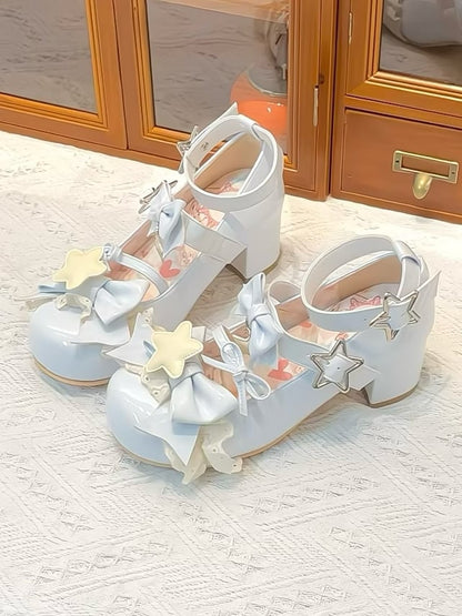 Blue Striped Pattern Bowknot Details Star Buckle Straps Lolita Shoes