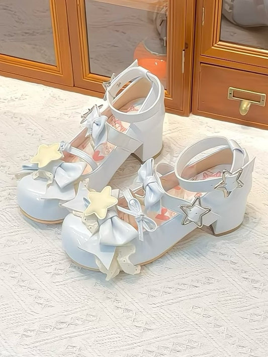 Blue Striped Pattern Bowknot Details Star Buckle Straps Lolita Shoes