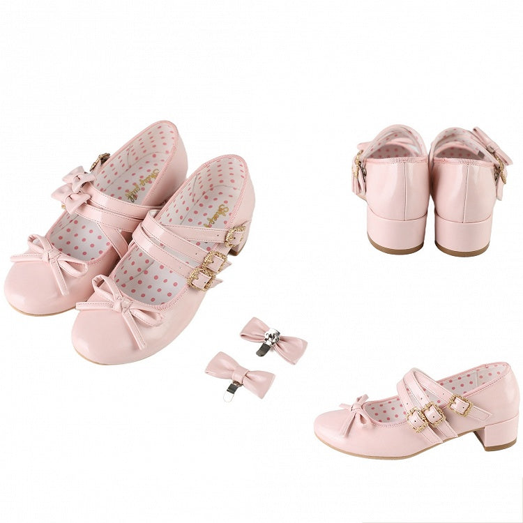 Pink Bow at Top Crisscross Design Lolita Shoes with Detachable Bowknots