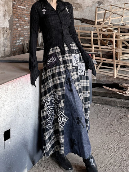 Wasteland Punk Cross Appliques Plaid Patchwork Design Skirt