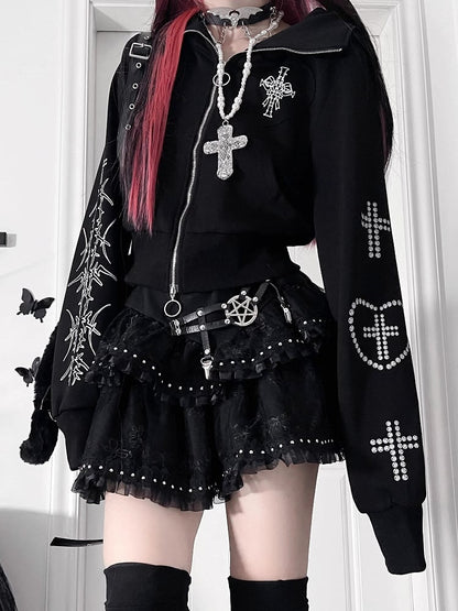 Black Bittersweet Cross And Heart Design Cat Ear Hooded Jacket