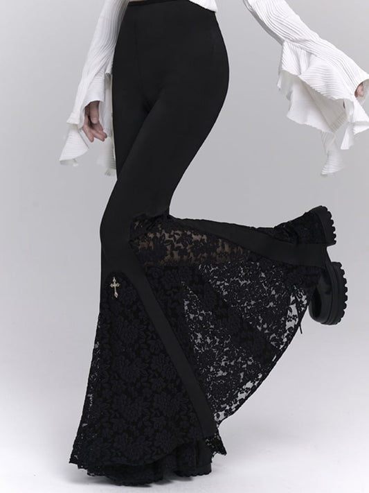 Gothic Black Cross Design Lace Flared Pants