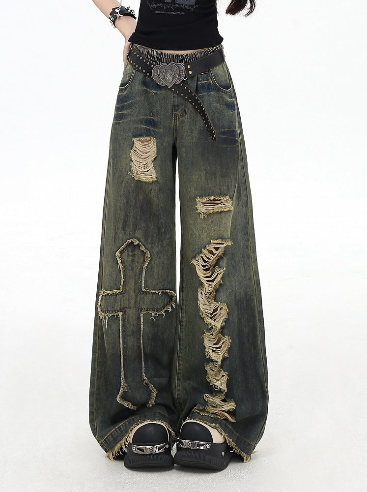 Y2K Cross Applique Blue Distressed Holes Vintage Wide-Leg Jeans
