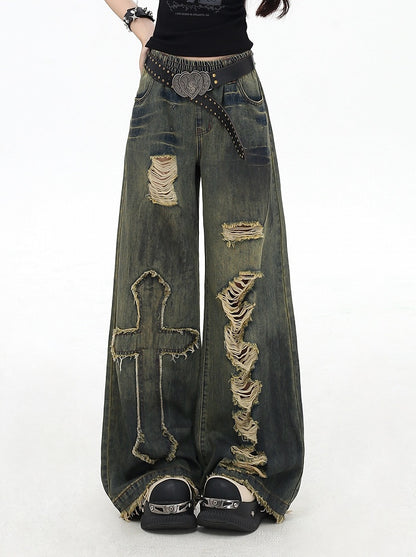 Y2K Cross Applique Blue Distressed Holes Vintage Wide-Leg Jeans
