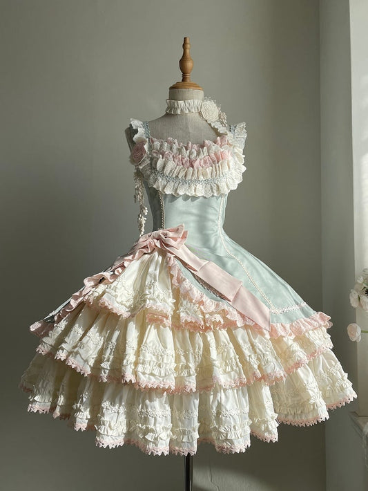 Clearance-Size L for Bust 86-94CM Pink and Green Slim Fit Waist Elegant Tiered Skirt Lolita Jumper Skirt