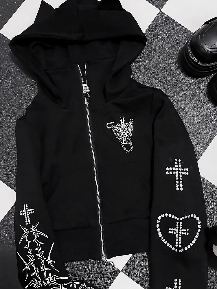 Black Bittersweet Cross And Heart Design Cat Ear Hooded Jacket